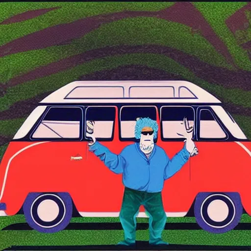 Image similar to illustration of jerry garcia driving a volkswagon bus and waving