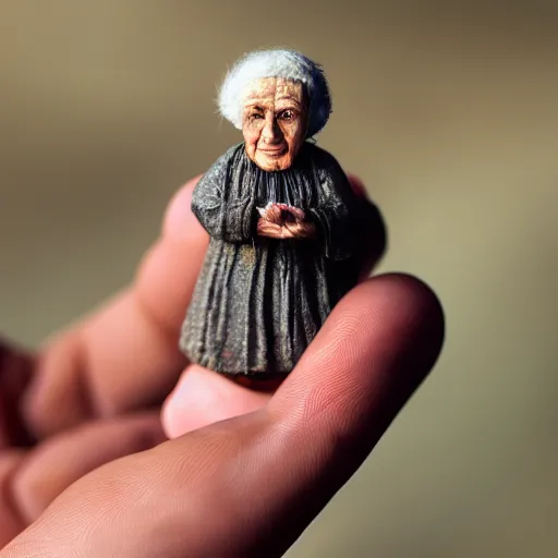 Prompt: miniature ancient old woman in palm of giant hand, short dof, macro photo, tiltshift, cutest, large head, tiny body, hyper realistic, minutely detailed, 8 k