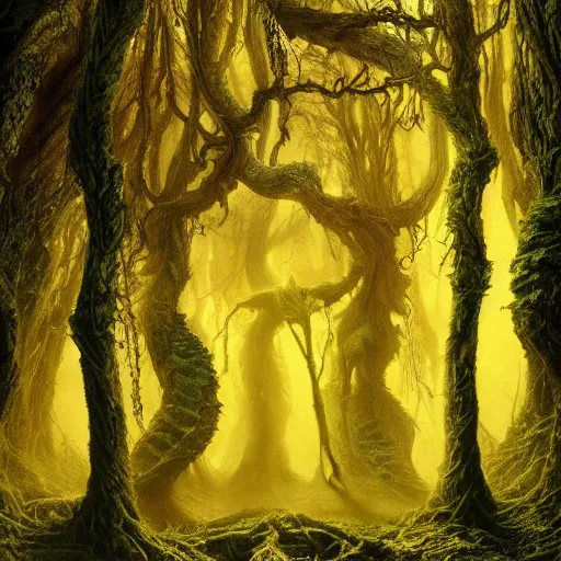 Image similar to photorealistic eerie forest of the eldritch best in the style of michael whelan and gustave dore. hyperdetailed photorealism, 1 0 8 megapixels, amazing depth, glowing rich colors, powerful imagery, psychedelic overtones, 3 d finalrender, 3 d shading, cinematic lighting, artstation concept art