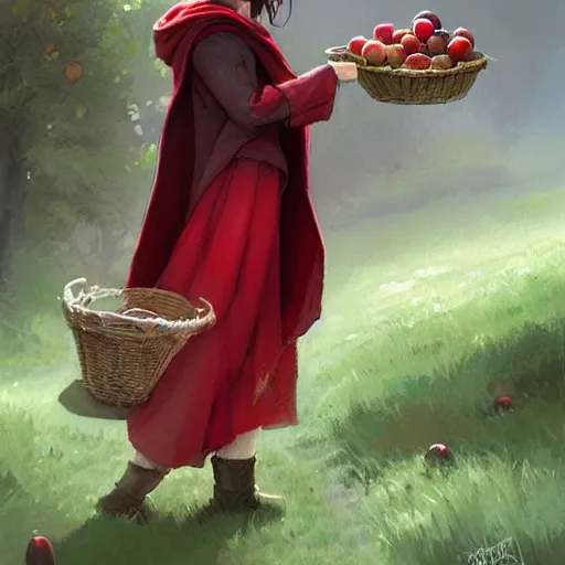 Image similar to a girl with a red cloak holding a basket full of apples, by Jordan Grimmer and greg rutkowski, crisp lines and color,