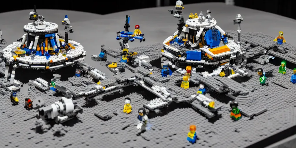 Image similar to wide shot lens photo of a very intricately detailed lego moonbase kit diorama designed by a master builder, with an epically shaped alien lego mothership ufo, lego rover, a moon buggy