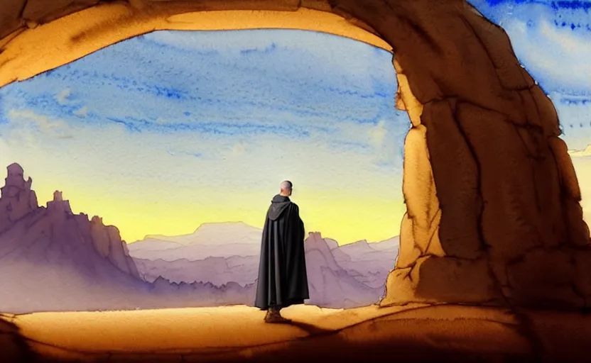 Prompt: a hyperrealist watercolor concept art of a medieval monk in grey robes at sunset day in the desert. a dimensional portal in the shape of a rock arch is in the background and an blue sky is seen through the portal. very muted colors, by rebecca guay, michael kaluta, charles vess. high detail, hq, wide shot, 4 k