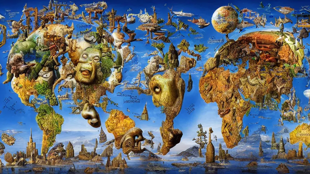 Prompt: surreal map of world cultures in the styles of igor morski, jim warren, and rob gonsalves, intricate, robinson projection, accurate geography, volumetric lighting, serene, imaginative