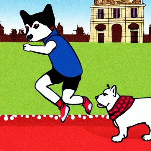 Image similar to illustration of french boy in paris playing football against a corgi, the dog is wearing a polka dot scarf