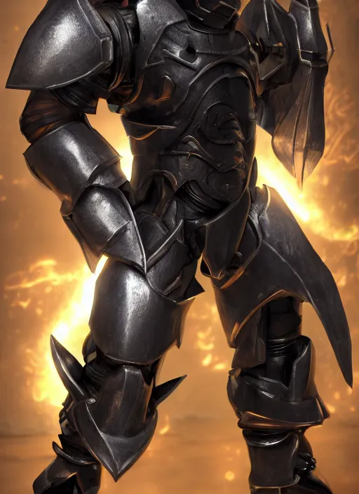 Image similar to a photorealistic 3D render of a full body dark side knight (as an archetypal DnD isekai Demon Lord) wearing power armor made of gold and silver, inspired by Fallout, unreal engine, octane render, cinematic lighting, a sense of evil, detailed hard surface boss character concept art, character design, hyper realism, high detail, depth of field, stunning cgsociety, HD, HDR, 4k