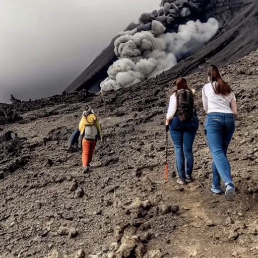 Image similar to photograph of people wearing jeans hiking to a volcano eruption