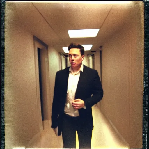 Prompt: A creepy polaroid photo of Elon Musk chasing you down a hallway