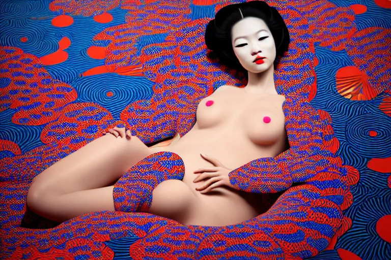 Image similar to hyperrealistic detailed image of a geisha laying in a art installation room, hd smooth interior by yayoi kusama, part by kei mieno, part by ross tran, dark art by james jean, ultra realistic, highly detailed, life like face, detailed body, 8 k, 3 d render by roger magrini, very cohesive, masterpiece