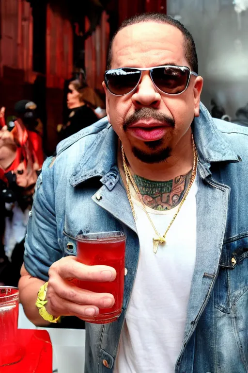 Prompt: rapper'ice t'drinking iced tea