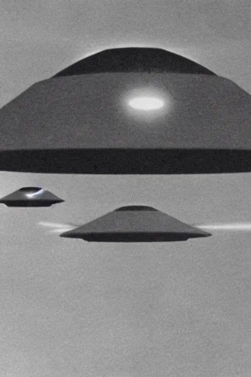 Prompt: still from vhs footage of ufo landing at military base