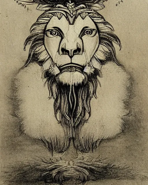 Image similar to human - eagle - lion - ox hybrid. drawn by da vinci