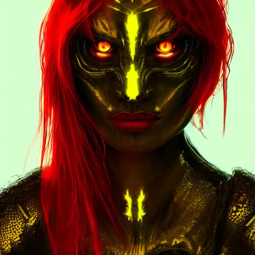 Image similar to dark art, Hot reptile humanoid woman, wearing armor, long red hair, glowing yellow eyes, burning world, futuristic, digital art, artstation, concept art, 4k, 8k