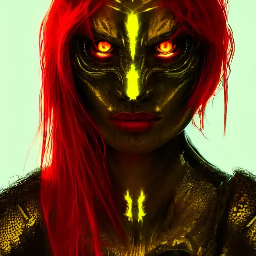 Prompt: dark art, Hot reptile humanoid woman, wearing armor, long red hair, glowing yellow eyes, burning world, futuristic, digital art, artstation, concept art, 4k, 8k