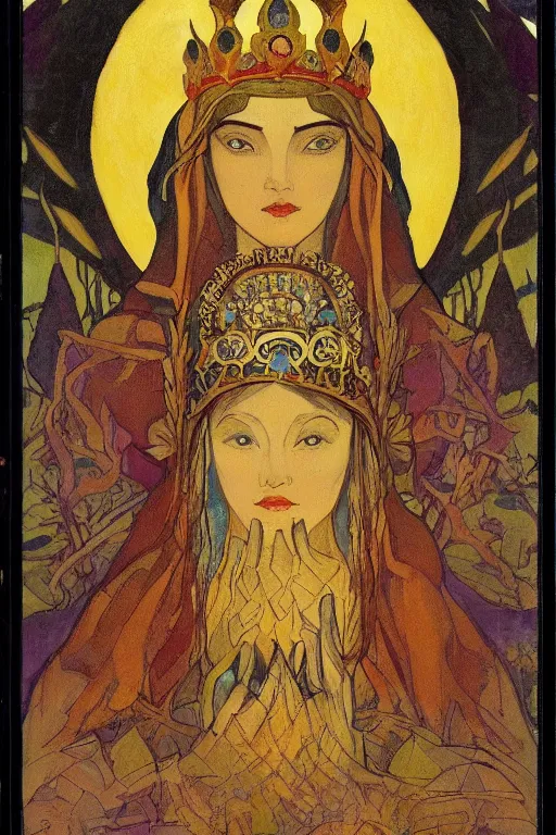 Image similar to lady of the forest with her crown and lantern, by Nicholas Roerich and Annie Swynnerton and Frederick Sandys, dramatic cinematic lighting , ornate headdress , flowing robes, sacred artifacts, lost civilizations, smooth, sharp focus, extremely detailed