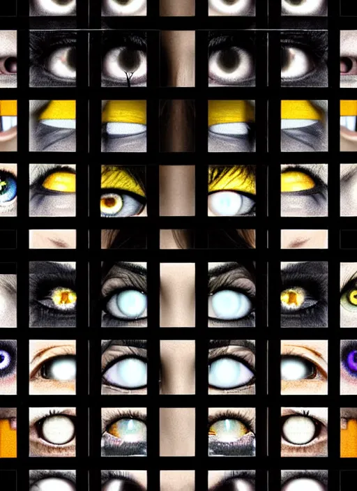 Image similar to grid montage of cube shaped eyes cubes, square shaped black dilated pupils cubes, cube shaped irises, detailed colored textures, lashes, advanced art, art styles mix, wet reflections in square eyes, sunshine light, hd macro photograph, from side, various eyelid positions, square black pupil centered