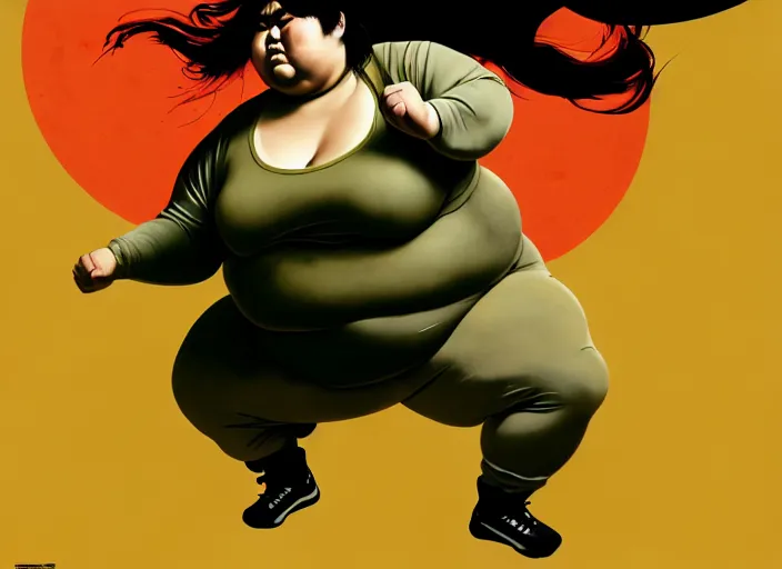 Image similar to duotone olive green gray illustration 3 / 4 portrait of fat woman fighting bruce lee style. dynamic chaotic composition random golden renaissance proportion. author sachin teng and sergei wheelsov and ruan jia and heng z. graffiti art, scifi, sci - fi, hyper detail. octane rendering. concept art. trend on artstation