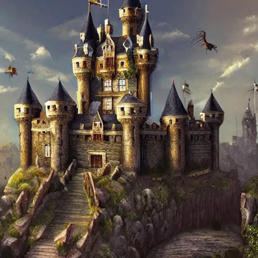 Prompt: a castle in the middle of a city, medieval, fantasy, grand, realistic