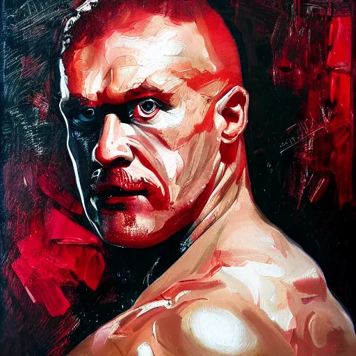 Image similar to Portrait of Mariusz Pudzianowski in the style of Disco Elysium, painting by Jenny Saville and Pavlo Guba, black and red monochromatic