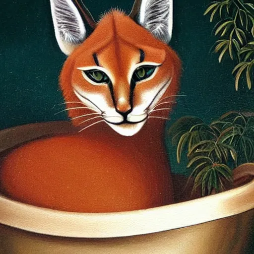 Prompt: cute caracal with glass of wine in bathtub, epic, oil painting by Raphael Santi