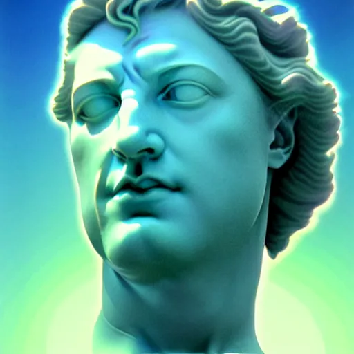 Image similar to 3 d sci - fi cgartist double exposure rendering of a hyper realistic marble greek statuary bust floating in space, at the vast pulsating interdimensional fractal space portal at the psychedelic vaporwave ombre event horizon by chris moore, by edward hopper, by col price, trending on artstation