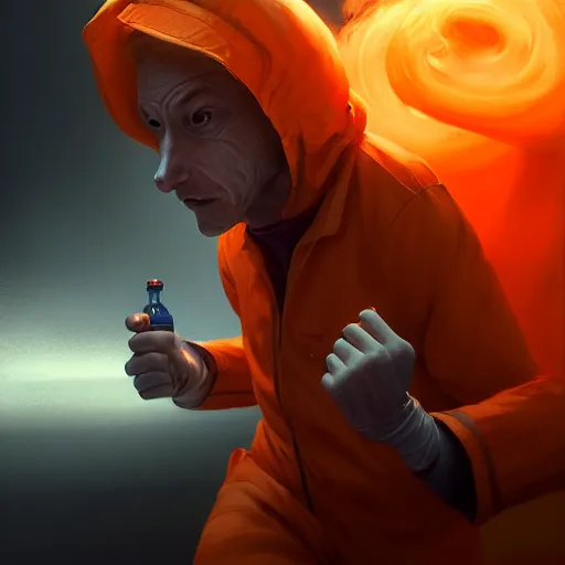 Image similar to commission portrait of a man in an orange jumpsuit,running away from smoke in a laboratory.,character design by charles bowater,greg rutkowski,ross tran,hyperdetailed,hyperrealistic,4k,deviantart,artstation,professional photography,concept art