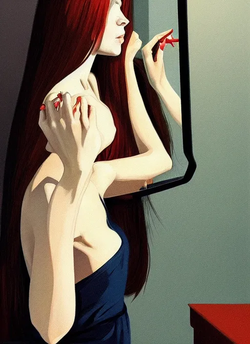 Image similar to a beautiful muse captivatingly dreaming and brushing her hair in front of a mirror made of dread, nightmare dream from the Ring, in style of Ilya Kuvshinov and Edward Hopper, highly detailed