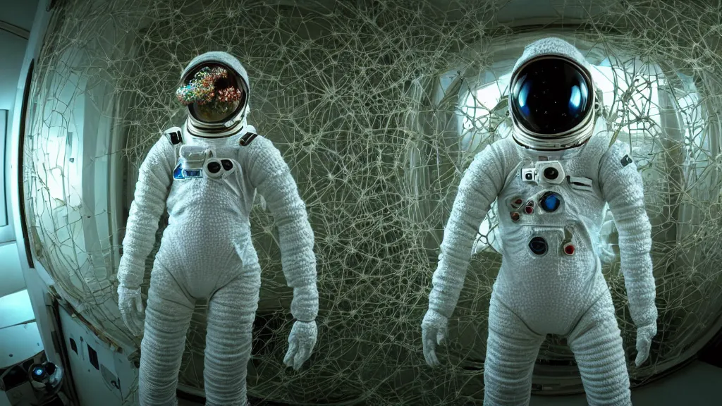 Image similar to a cybernetic symbiosis of a single astronaut eva suit made of pearlescent wearing knitted yarn thread infected with diamond 3d fractal lace iridescent bubble 3d skin covered with stalks of insectoid compound eye camera lenses floats through the living room, film still from the movie directed by Denis Villeneuve with art direction by Salvador Dalí, wide lens,