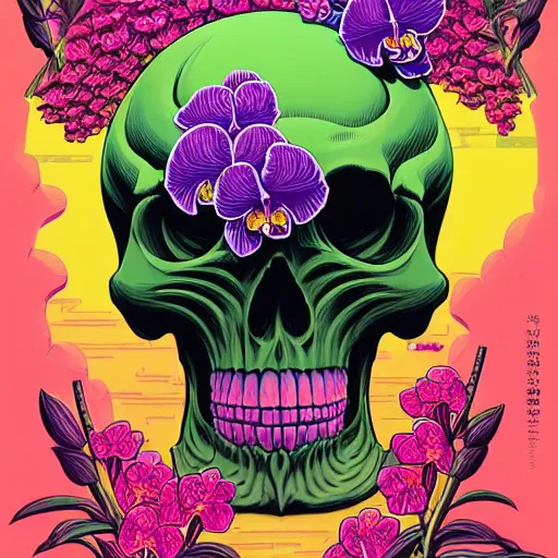 Prompt: ortographic view of a large skull and vivid orchids by Jen Bartel and Dan Mumford and Satoshi Kon, gouache illustration