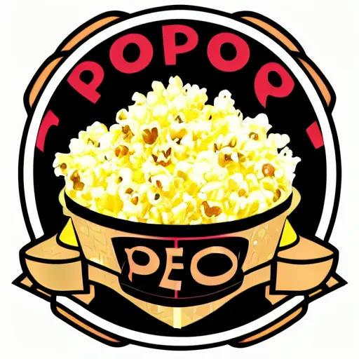 Prompt: vector logo featuring a flaming piece of popcorn with a smiling face, with mirrorshades sunglasses, popcorn as morpheus, clean composition, symmetrical