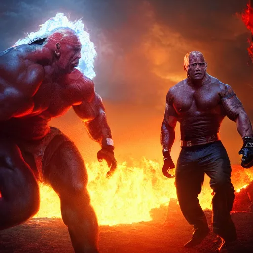 Image similar to dwayne johnson fighting demon joe biden in hell, digital artwork, trending on artstation, fire, dynamic lighting, fantasy art