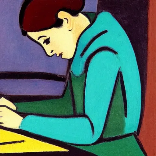 Prompt: close - up of a frustrated young woman coding on her laptop, by matisse 1 9 4 5. early morning, hot coffee