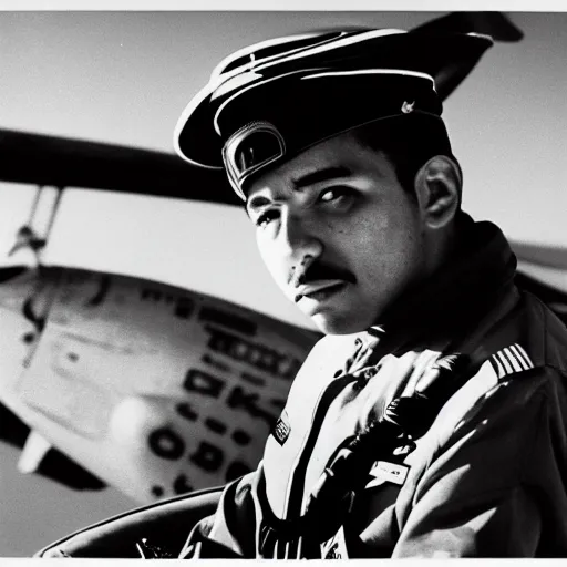 Image similar to a long shot, black & white studio photographic portrait of a mexican pilot, dramatic backlighting, 1 9 9 3 photo from life magazine, color photo