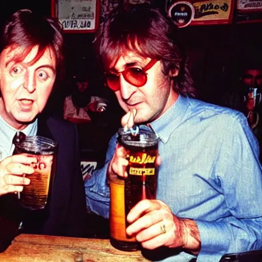 Image similar to Paul Mccartney and old John Lennon drinking beer at a dirty pub, 1990s, polaroid