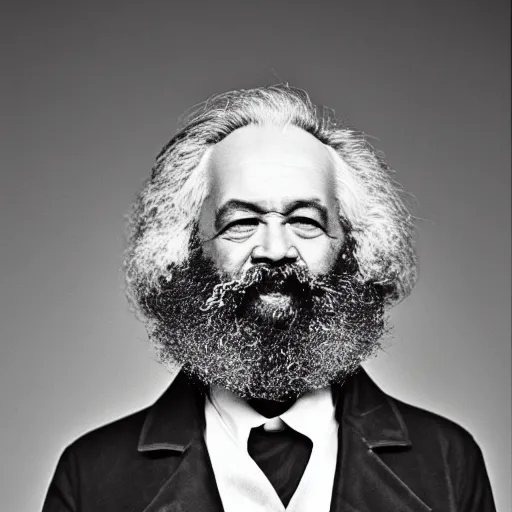 Prompt: Karl Marx smiling, photoshoot, 30mm, Taken with a Pentax1000, studio lighting