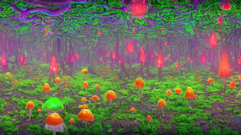 Image similar to 8k, acid trip, hall of mirrors, ultra detailed, a hyperrealistic image of a mycelium forest with neon glowing mushrooms, with magical creatures, in the style of Pokémon red, trending on patreon, artstation, deviantart. Unreal engine