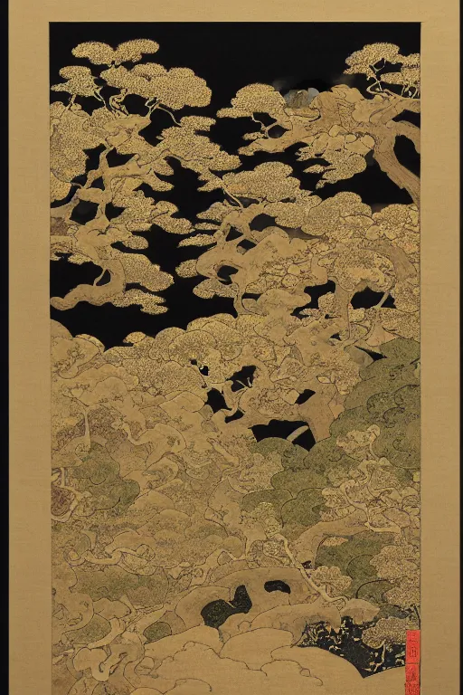 Image similar to japanese woodblock print, of a landscape by kano sanraku, james jean, takato yamamoto, mc escher in the style of nihonga, gold leaf painting, fractal art, intricate detail