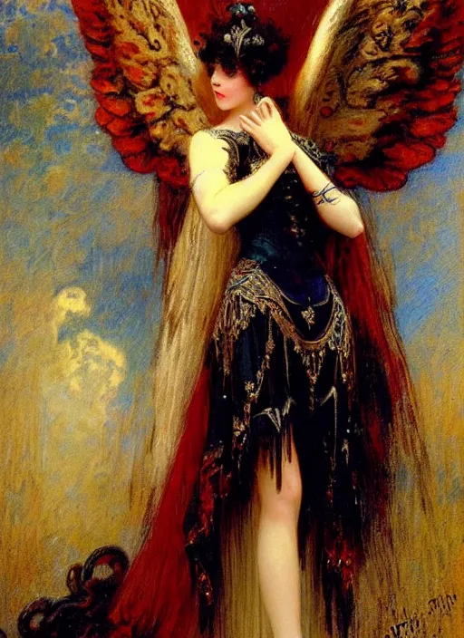 Image similar to vertical prtrait of an angel knight gothic girl, baroque dress. by gaston bussiere