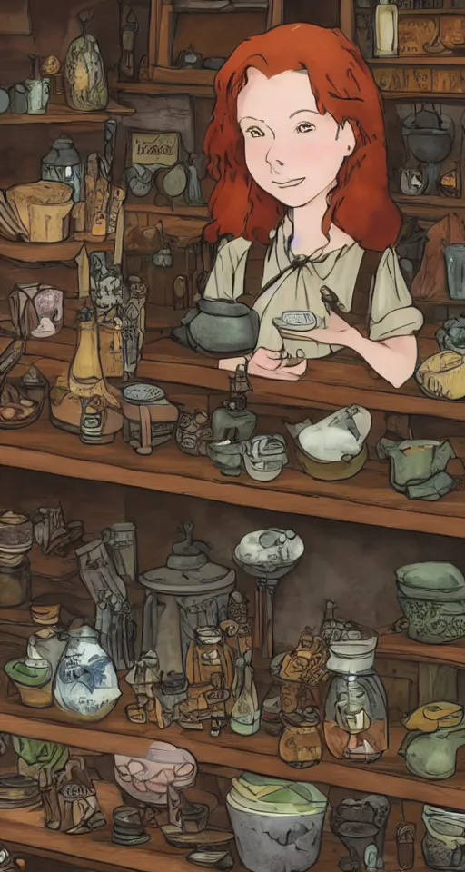 Image similar to close - up of a redhead seller at the counter in the small witch shop, with an owl, counter, cauldrons, potions, highly detailed, sharp focus, matte painting, by studio ghibli, by giovani magana, by rutkowsky,
