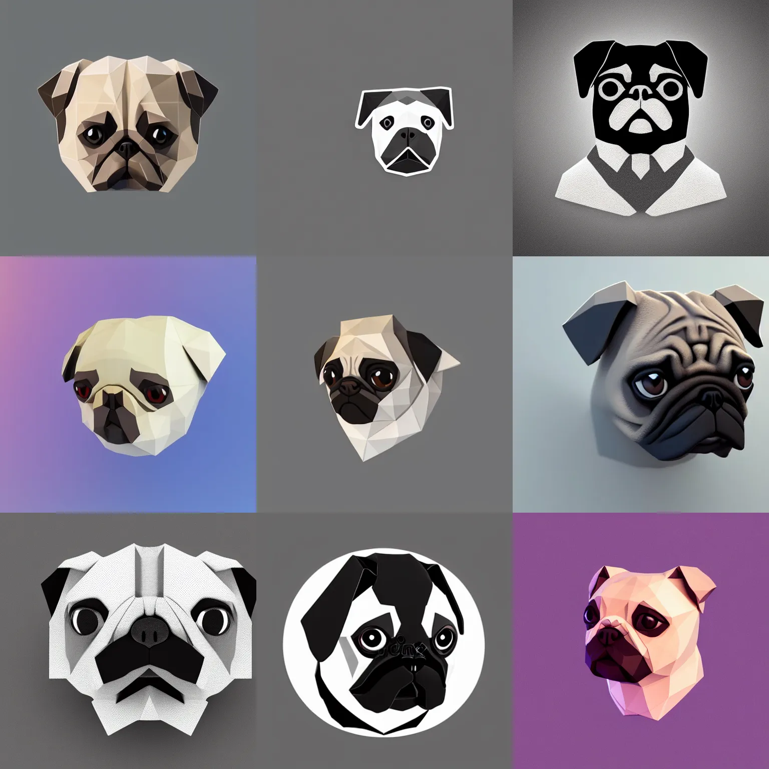 Prompt: Matte 3d low poly icon of a pug head, isometric perspective on pure white background, 3D render, lat lighting