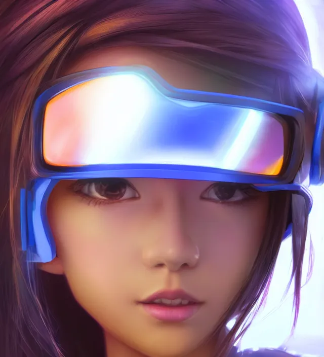 Prompt: photo rendering of a beautiful girl with visor epic photorealistic portrait in toriyama squareenix pixar tron pixel video style depth of field lens in flare leica zeiss detailed trending award winning on flickr artstation