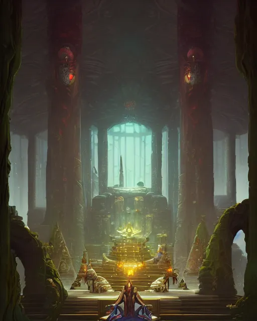 Prompt: Throne Room of the Shaman Raccoon King, cinematic concept art, matte painting, trending on Artstation, wide angle shot, by Peter Mohrbacher