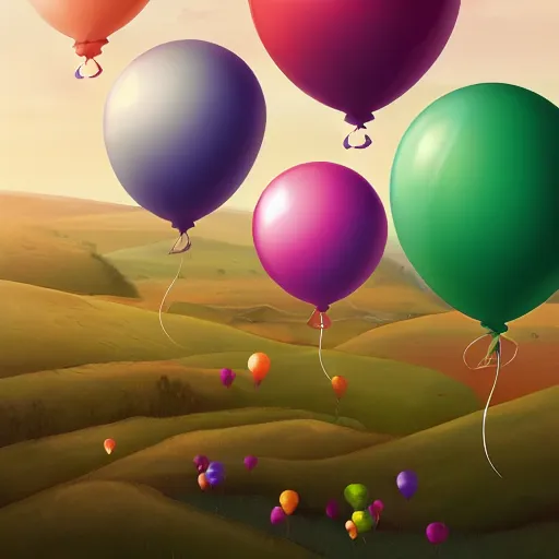 Image similar to plenty of floating birthday balloons. beautiful countryside. digital art, highly - detailed, artstation cgsociety masterpiece