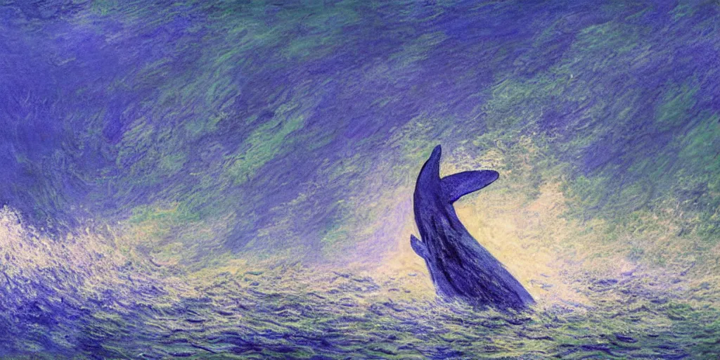 Image similar to An aesthetically pleasing, dynamic, energetic, lively, well-designed digital art of a whale, ripples, waves, sea foam, light and shadow, ocean caustics, by Claude Monet, traditional Japanese colors, superior quality, masterpiece, excellent use of negative space.