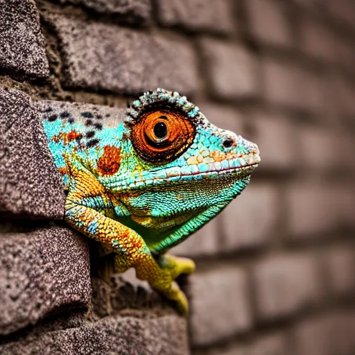 Image similar to a chameleon with leopard pattern on skin sitting on a brick wall, highly detailed, 8K, supersharp photo