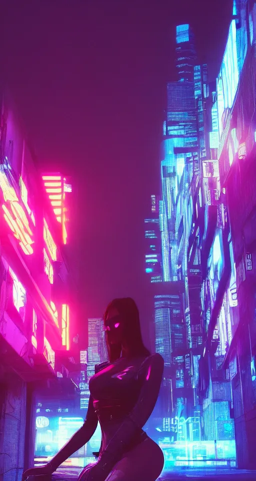 Image similar to cyberpunk women, city, neon lights, glow, sunset, atmospheric, cinematic, retrowave style,