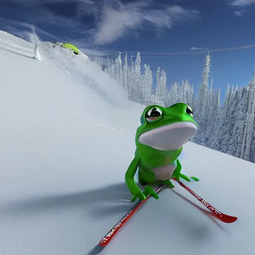 Image similar to 3 d octane frog character skiing down a mountain