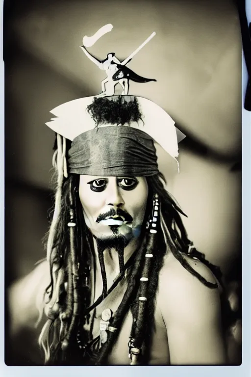 Prompt: Jack Sparrow in a casino, piña colada, realistic photograph, polaroid, film