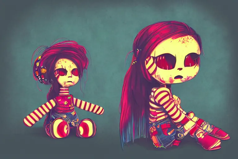 Prompt: cell shaded cartoon of a sad patchwork doll sitting alone in a riot, loud colors, post grunge, concept art, highly detailed, sharp focus, dark retrowave, trending on artstation, hq, deviantart, japanese gothic