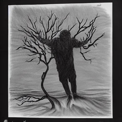 Prompt: The drawing shows a man caught in a storm, buffeted by wind and rain. He clings to a tree for support, but the tree is bent nearly double by the force of the storm. The man's clothing is soaked through and his hair is plastered to his head. His face is contorted with fear and effort. dramatic lighting by Gertrude Abercrombie earthy