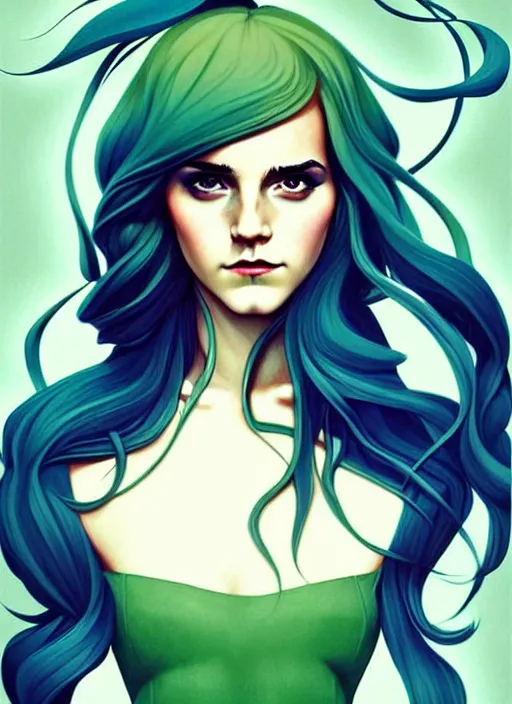 Image similar to style artgerm, joshua middleton, emma watson with green dress, very long blue hair, swirling, symmetrical face, symmetrical eyes, steampunk western gunslinger, cinematic lighting